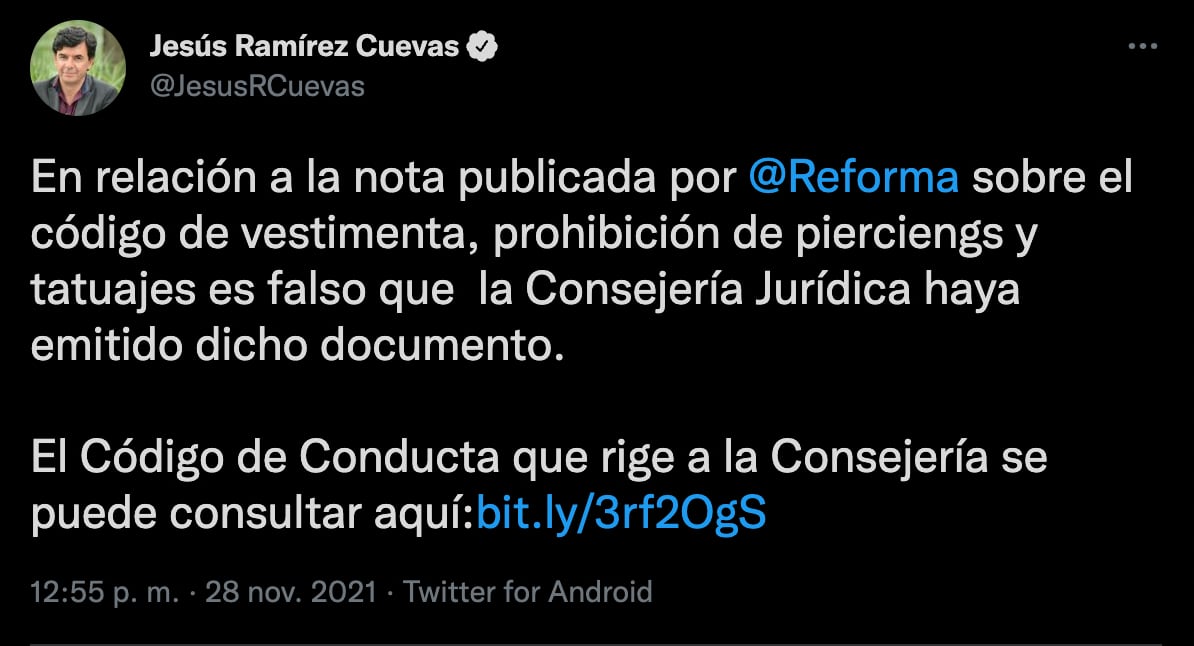 Jesús Ramírez Cuevas desmiente código de vestimenta en la Consejería Jurídica