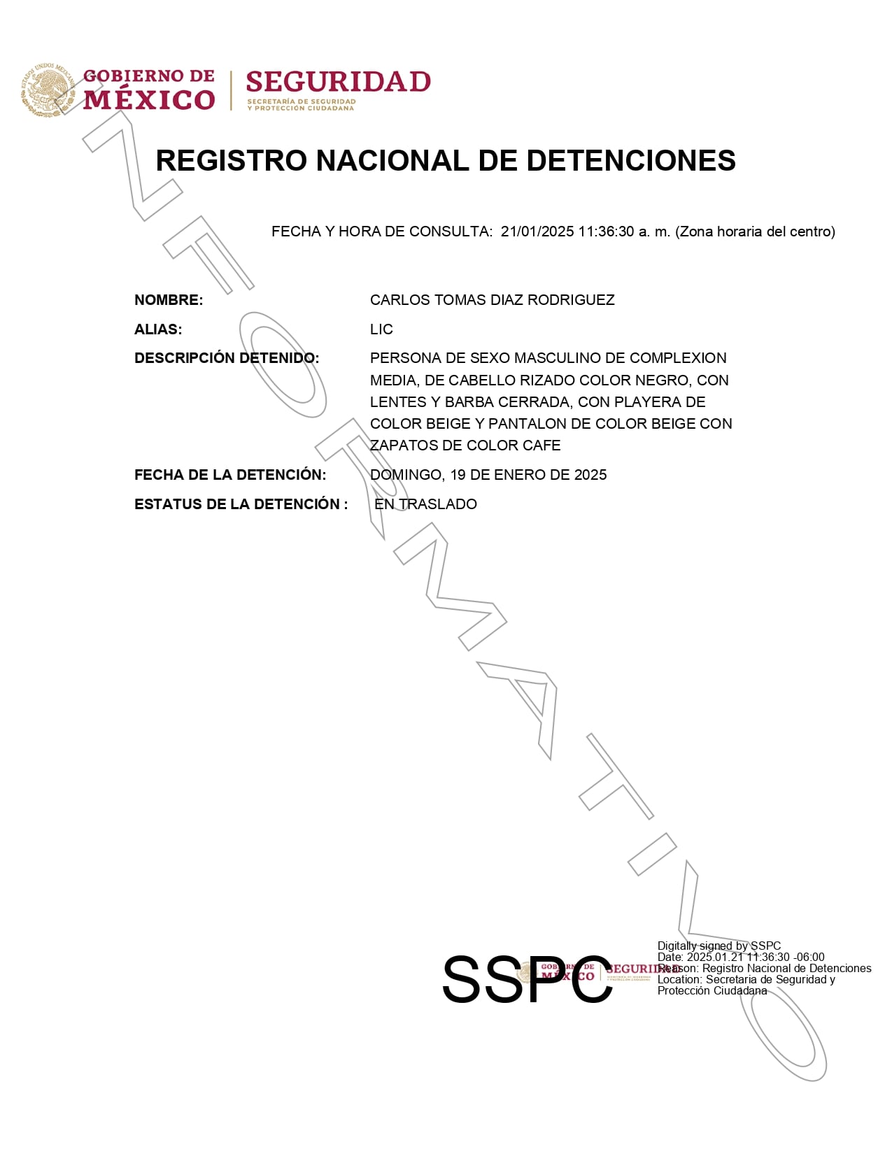 Registro Nacional de Detenciones de Carlos Tomás