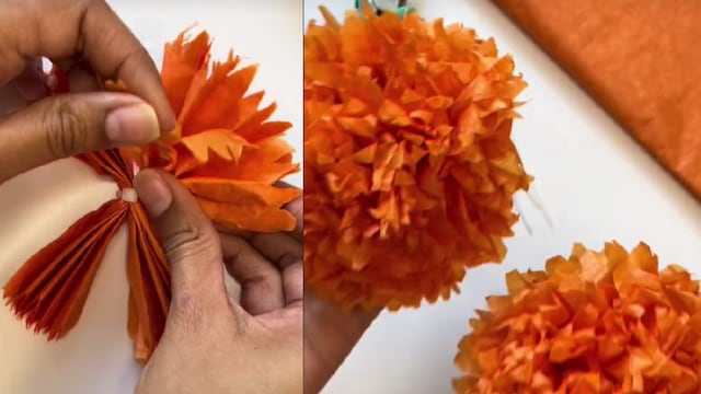 Flores de cempasúchil con papel de china