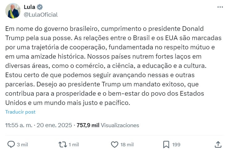 Lula da Silva felicita a Donald Trump