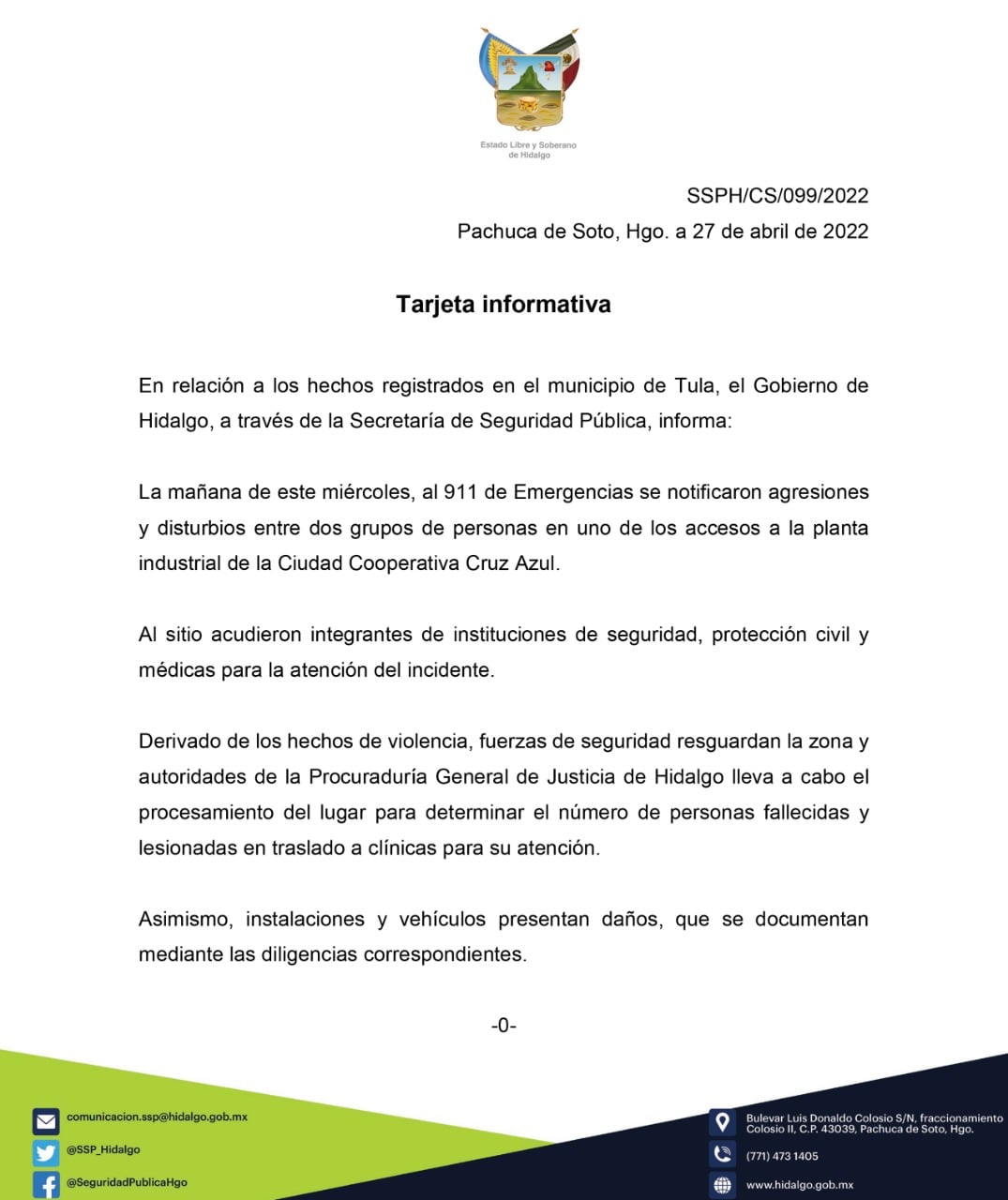 comunicado de Seguridad Pública de Hidalgo