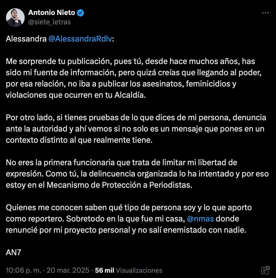 Antonio Nieto responde acusaciones de Alessandra Rojo de la Vega