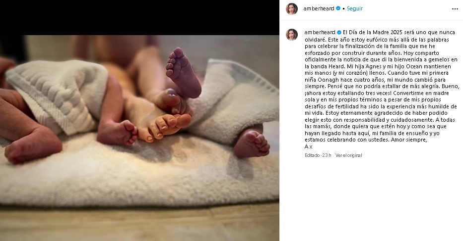 Amber Heard comparte haberse convertido en mamá de gemelos.