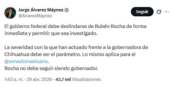 Álvarez Máynez se lanza contra Rocha Moya y pide que deje el cargo