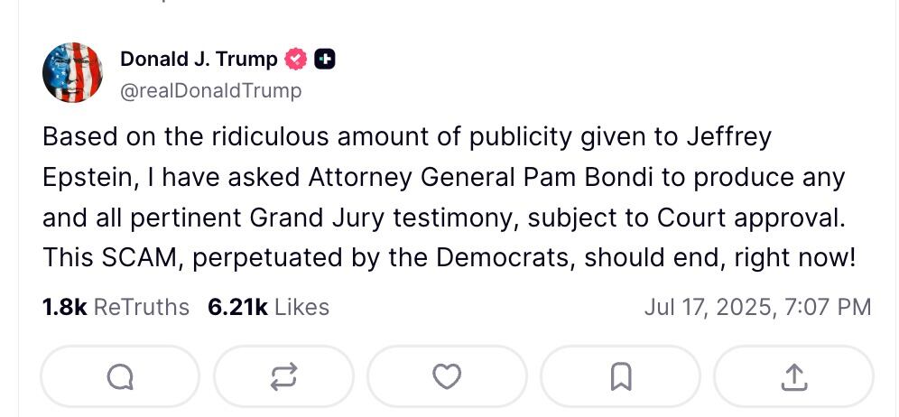 Pam Bondi solicitará la transcripción del gran jurado del caso Jeffrey Epstein