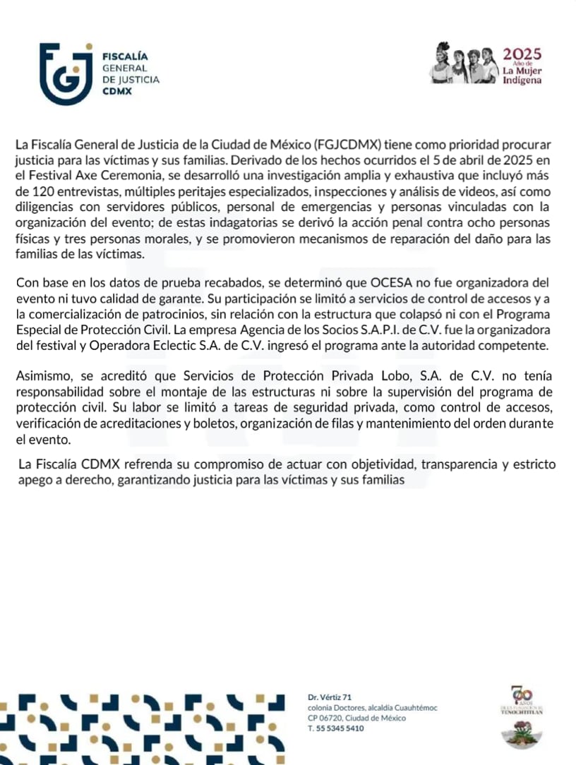 Fiscalía CDMX determina que OCESA no organizó AXE Ceremonia