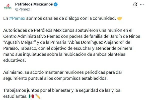 Pemex analiza reubicar escuelas cercanas a la refinería de Dos Bocas