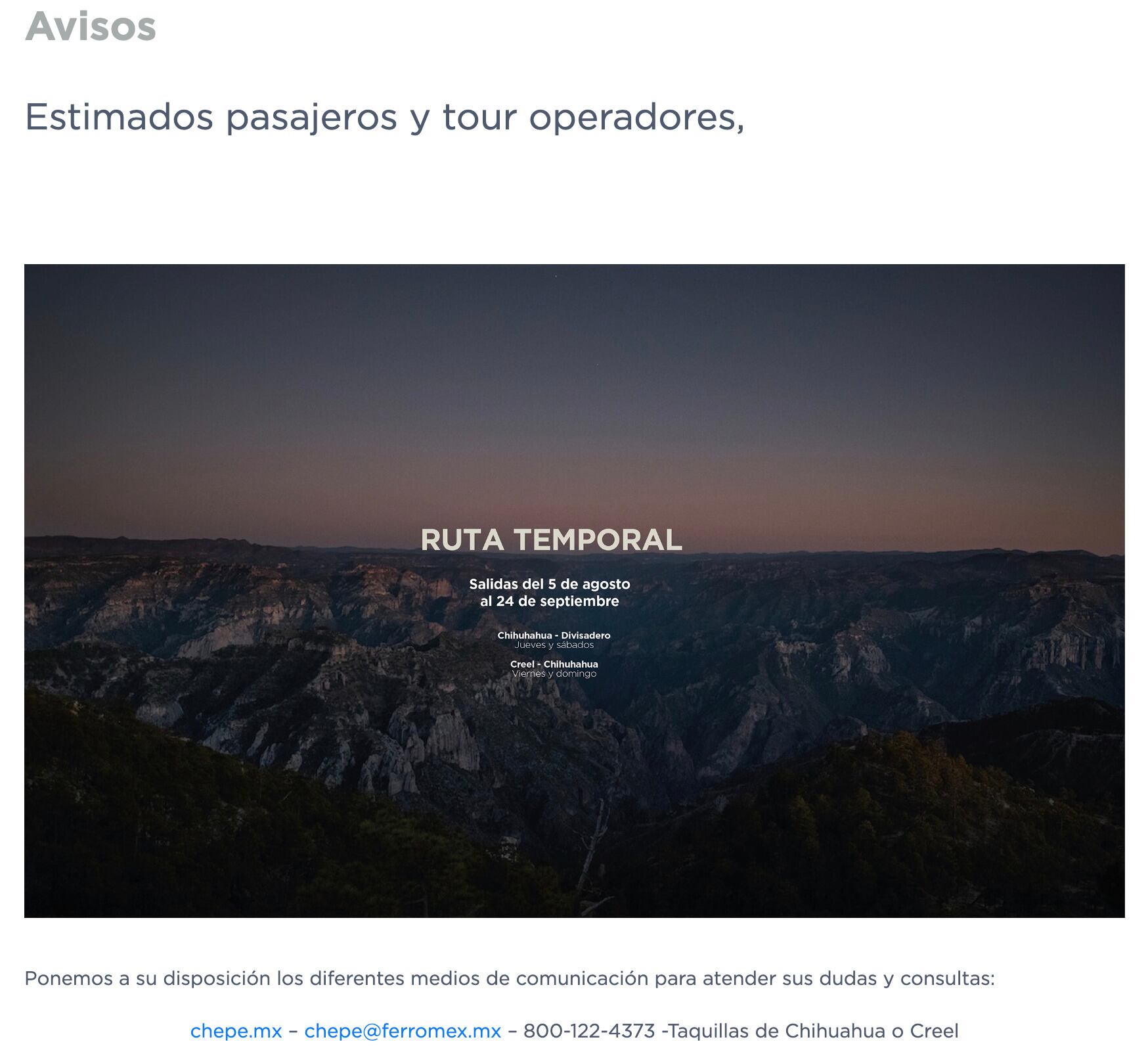 Aviso sobre modificación del servicio del Chepe Express por lluvias