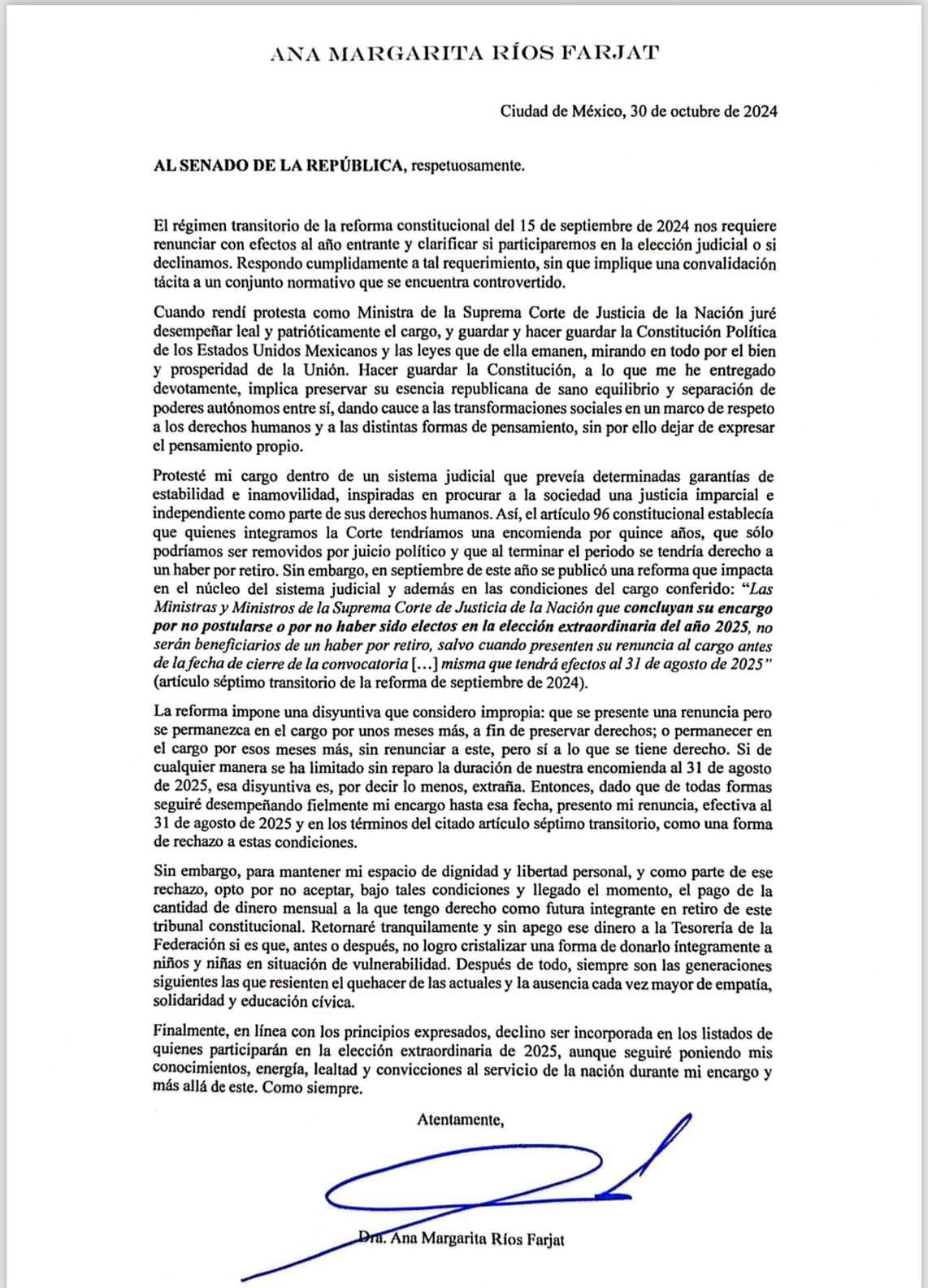 Carta de la ministra Margarita Ríos Farjat