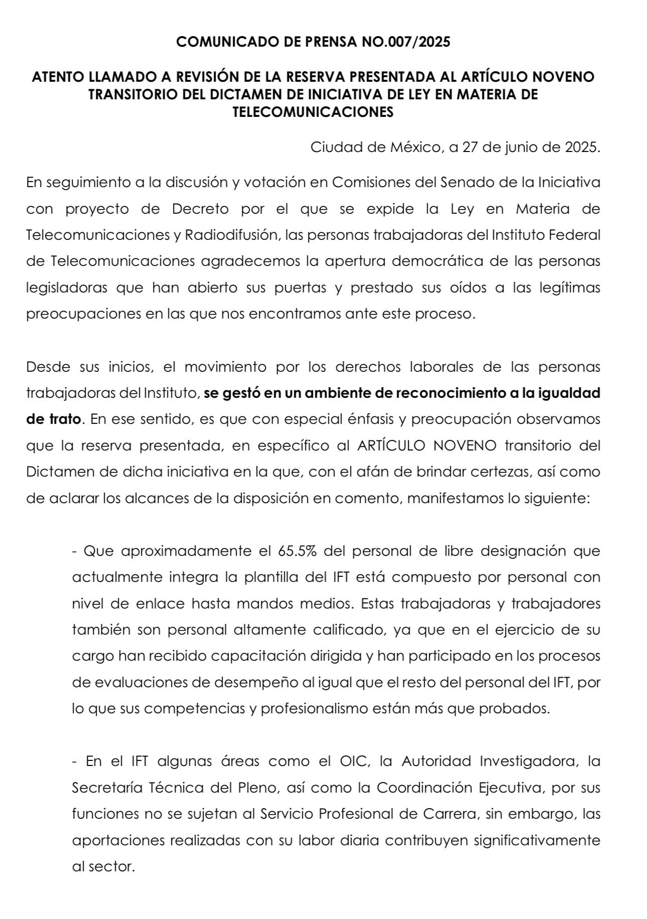Comunicado de trabajadores del IFT