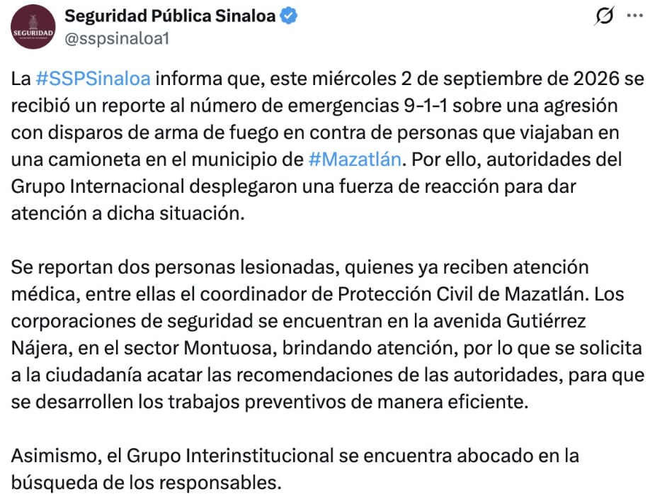Seguridad Pública Sinaloa reporta tiroteo contra civiles en el municipio de Mazatlán