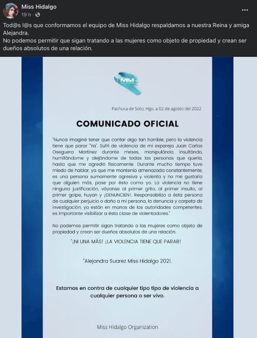 Comunicado Organización Miss Hidalgo