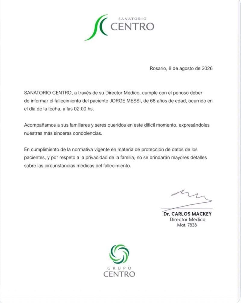 Comunicado sobre la muerte de Jorge Messi