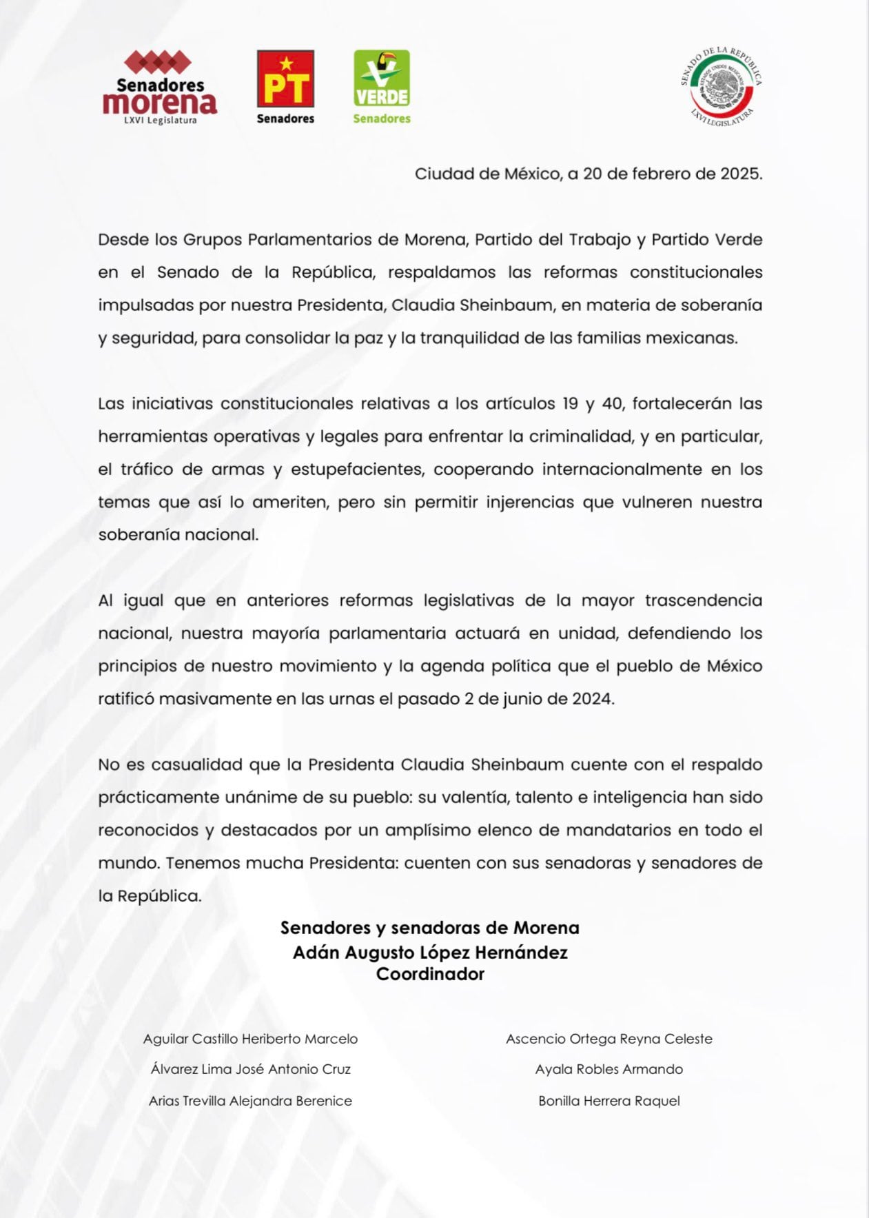 Morena, PT y PVEM en el Senado cierran filas con Claudia Sheinbaum