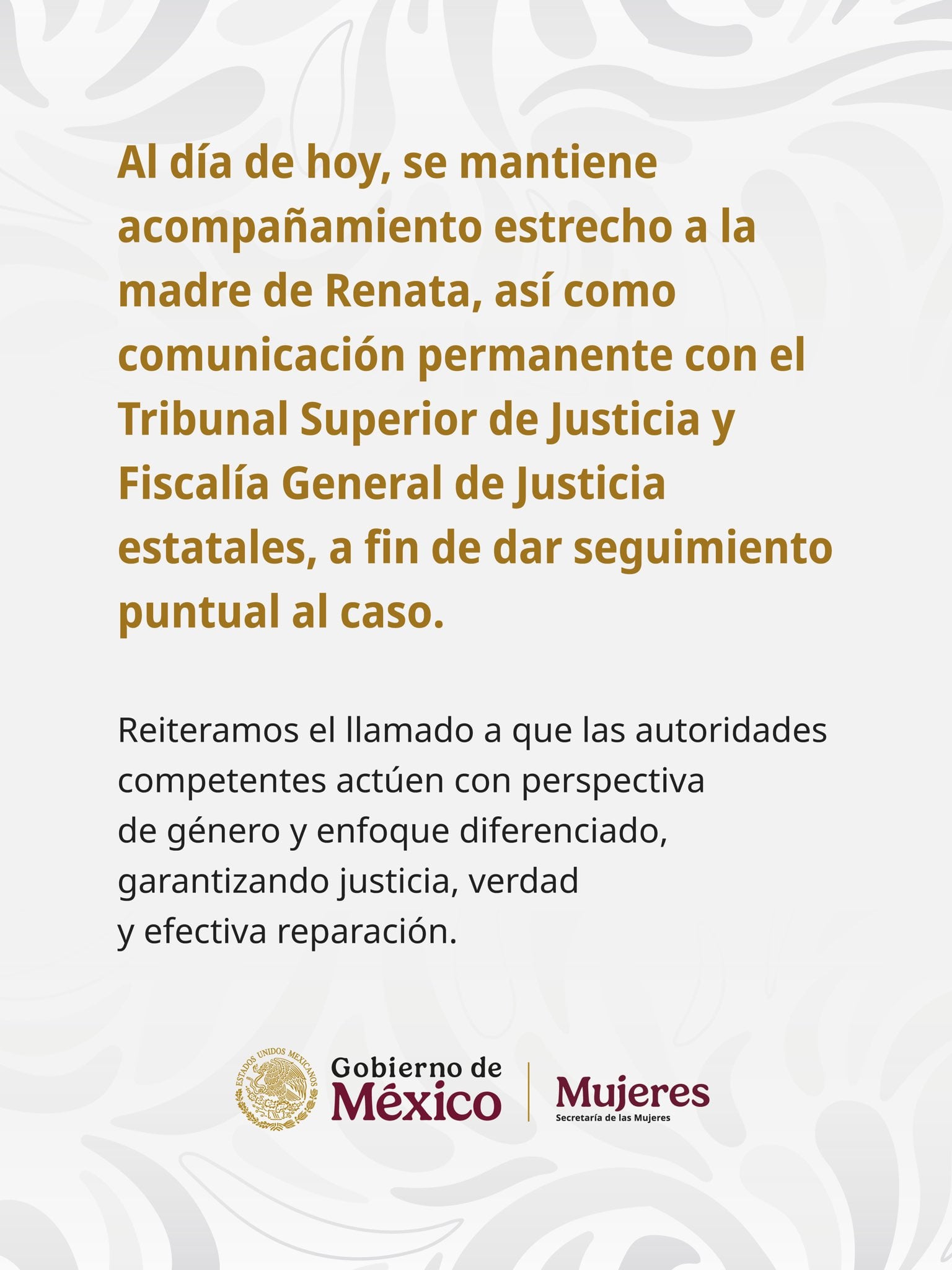 Caso Renata Palmer: Secretaría de las Mujeres acompaña a su madre tras feminicidio