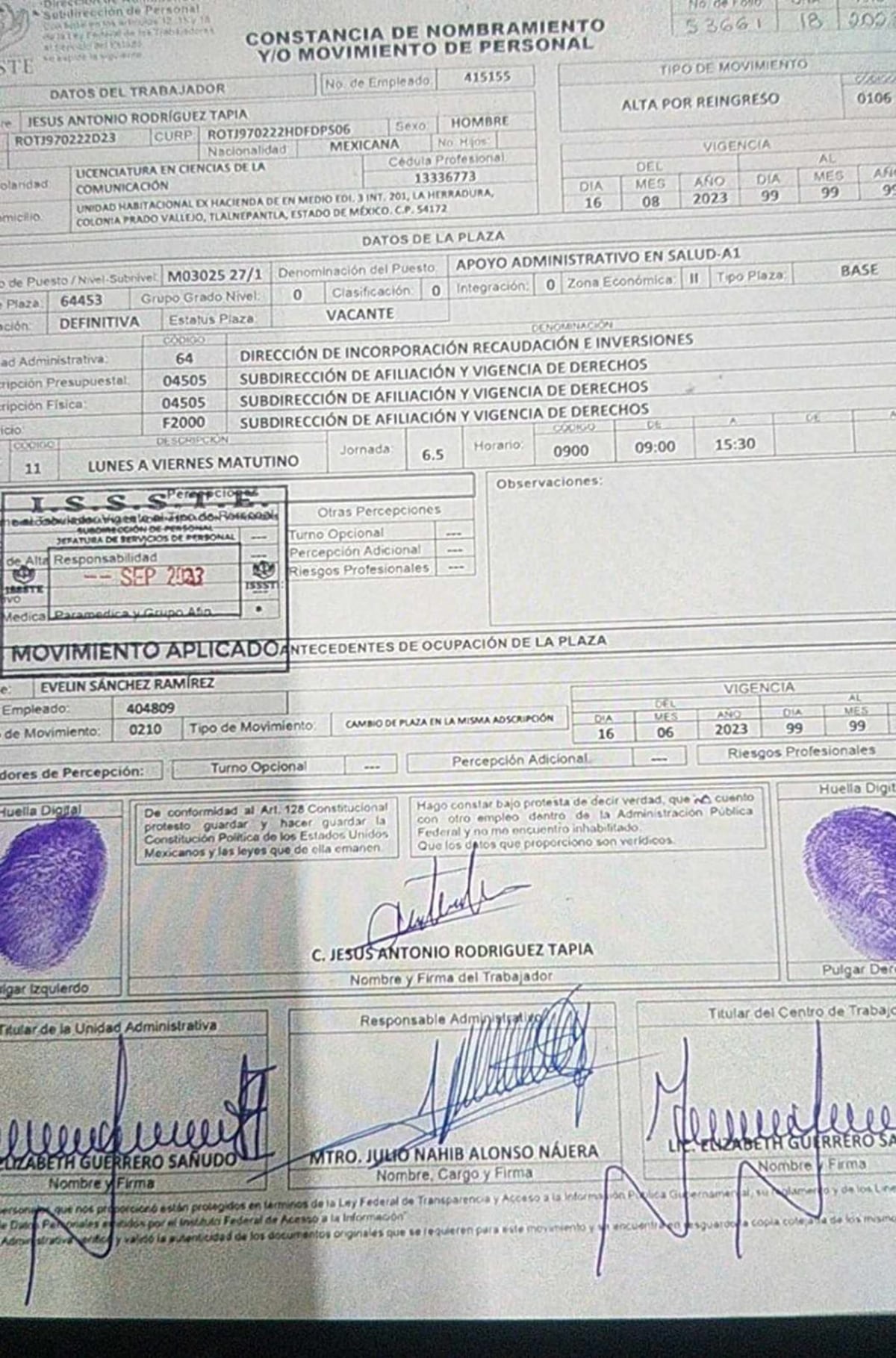 Formato FM1 que acredita el ingreso a una plaza de base en el ISSSTE de Jesús Antonio Rodríguez Tapia