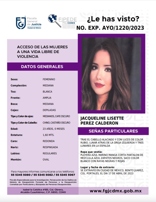 Jacqueline Lisette Pérez Calderón, desaparecida desde el 17 de abril