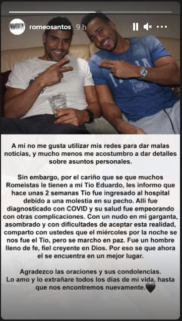 Post de Romeo Santos sobre "Tío Eduardo".