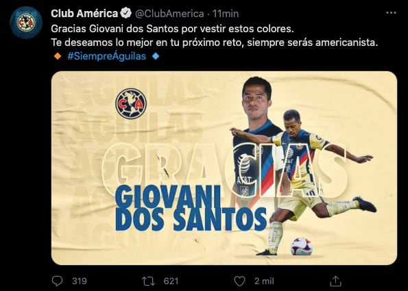 América anunció la baja de Giovani Dos Santos