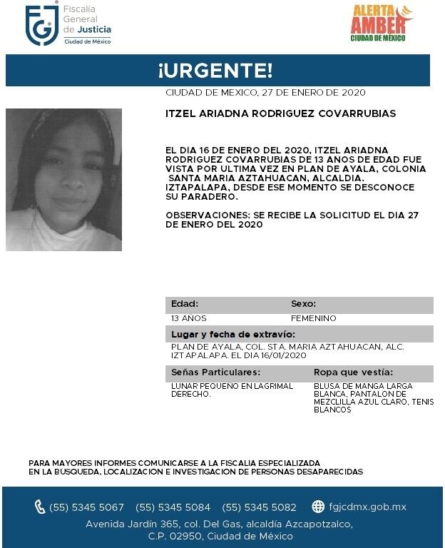 Itzel Ariadna Rodríguez Covarrubias. Alerta Amber