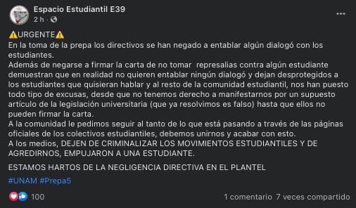 Espacio Estudiantil E39 de Prepa 5 de la UNAM plantea un paro de 24 horas/Facebook