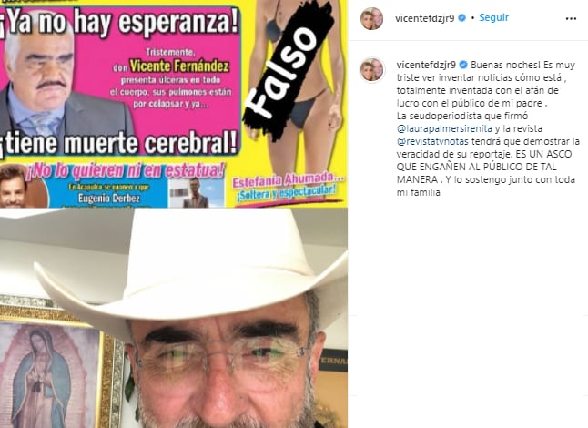 Vicente Fernández Jr., desmiente muerte cerebral de Vicente Fernández.
