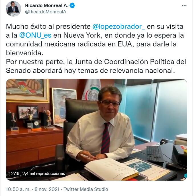 Captura de pantalla @RicardoMonrealA dónde le desea éxito a AMLO en su viaje a la ONU