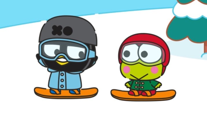 Hello Kitty y sus amigos juegan en la nieve por el invierno