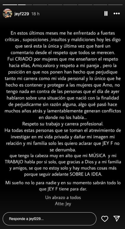 Jey F publica un comunicado sobre la supuesta infidelidad a Yeri Mua
