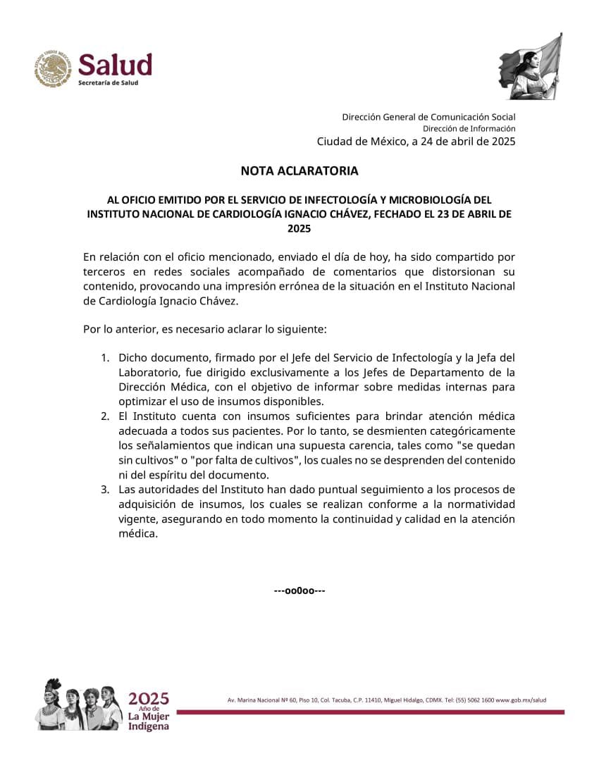 Secretaría de Salud desmiente que el Instituto Nacional de Cardiología esté en problemas por la austeridad