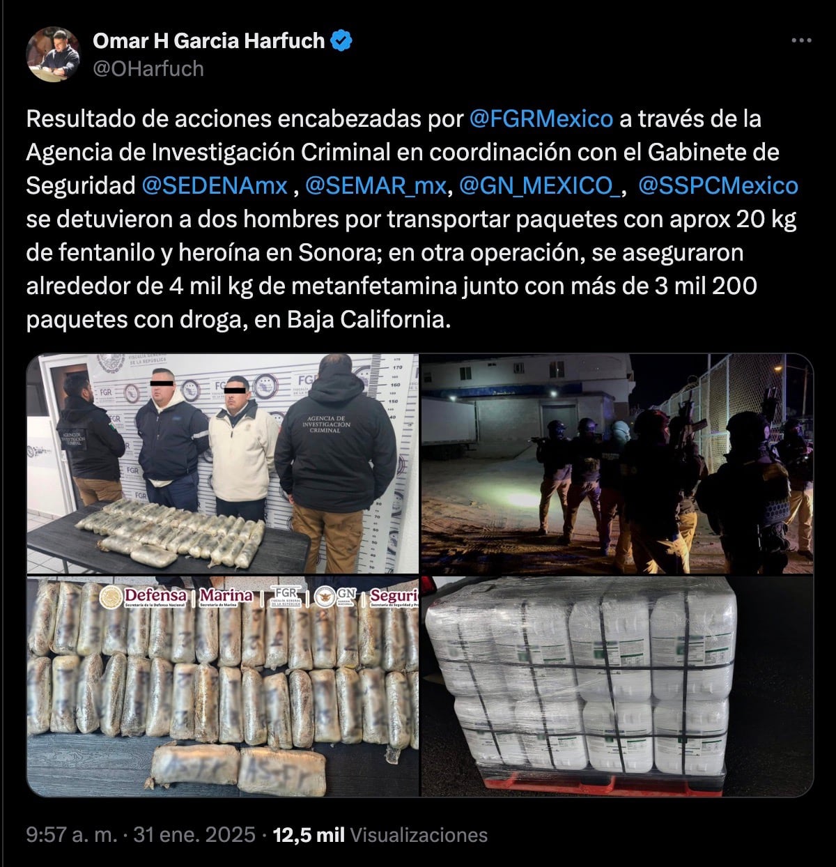 Omar García Harfuch confirma decomiso de 20 kilogramos tras operativo en Sonora