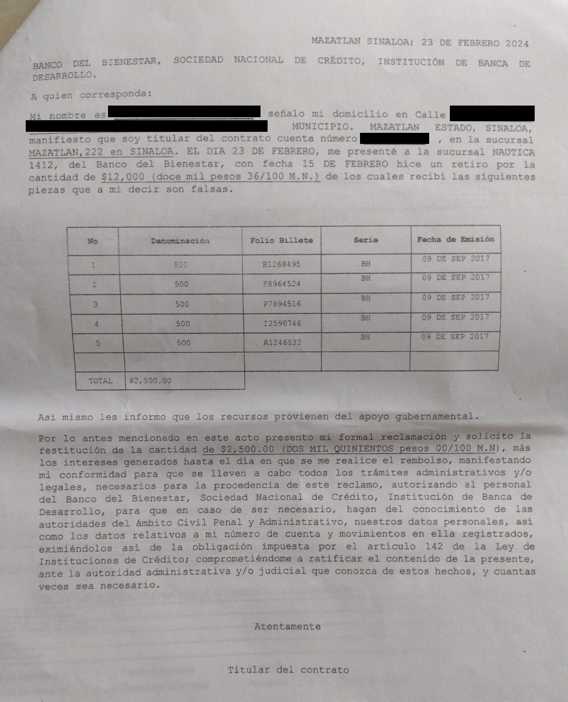 Reclamación formal de una de las personas afectadas tras recibir billetes falsos del Banco del Bienestar en Mazatlán, Sinaloa