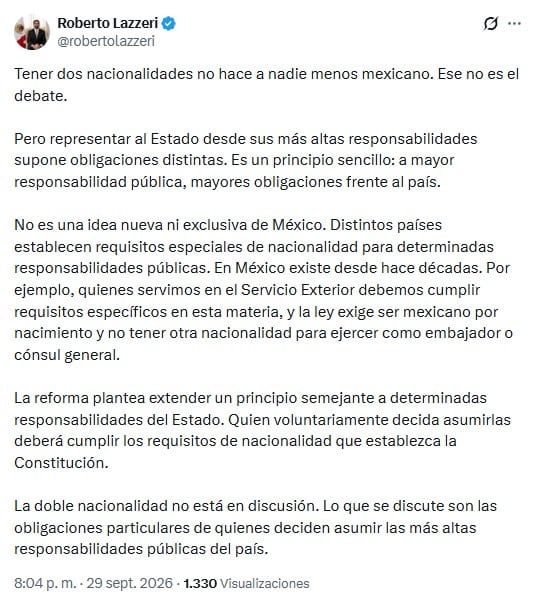Roberto Lazzeri defiende reforma de nacionalidad única