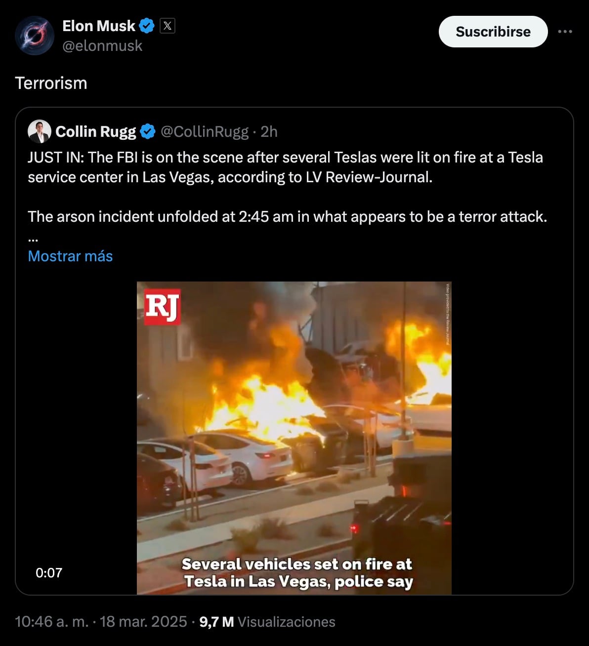 Elon Musk denuncia terrorismo en Estados Unidos por incendio de autos Tesla en Las Vegas