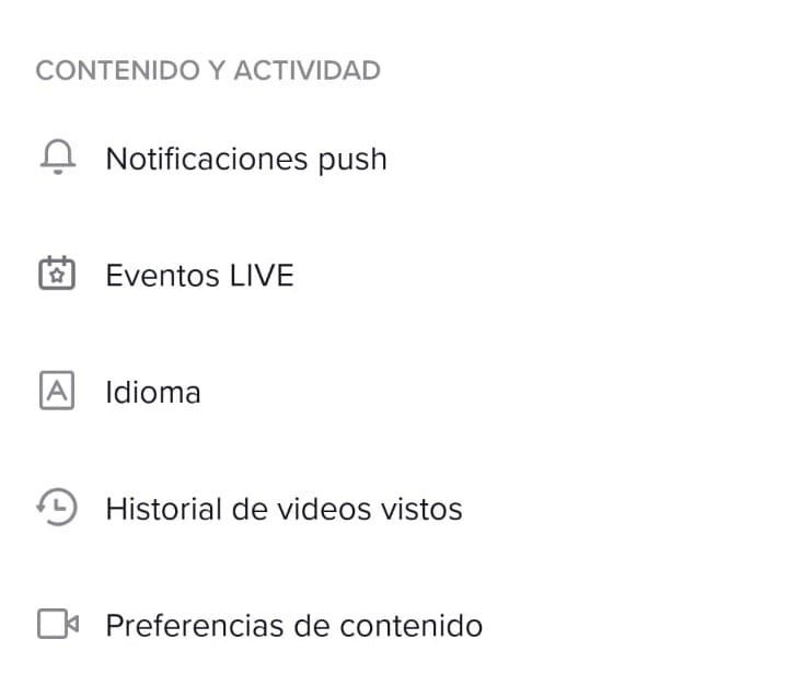 Menú de TikTok para encontrar historial de videos vistos