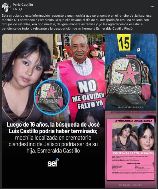 Hermana de Esmeralda Castillo Rincón niega que la mochila de Teuchitlán sea la misma.