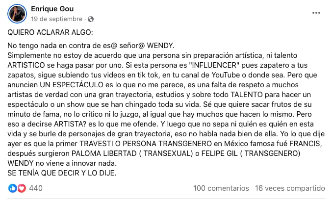 Enrique Gou critica el show de Wendy Guevara