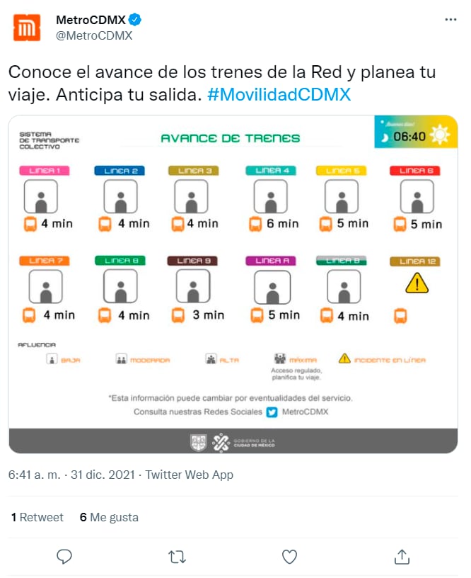 METRO CDMX da reporte de avance de trenes este 31 de diciembre/Twitter