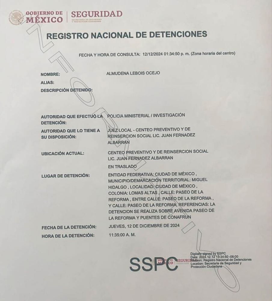 Registro Nacional de Detenciones de la detención de Almudena Lebois Ocejo