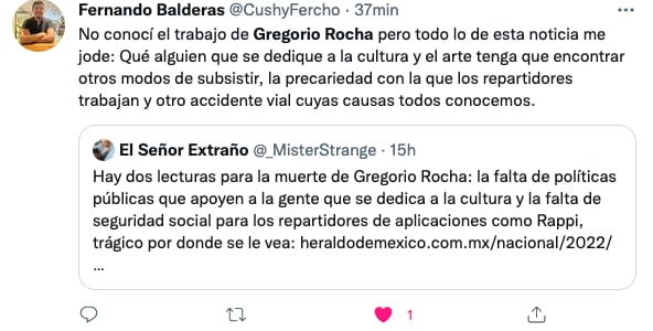 Usuario muestra indignación por muerte de Gregorio Rocha
