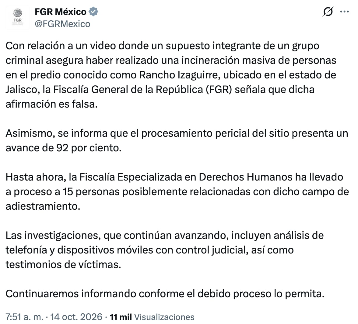 Comunicado de la FGR sobre el video del Rancho Izaguirre