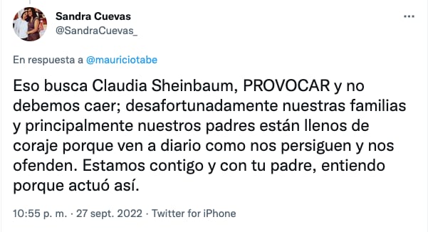 Sandra Cuevas acusa a Claudia Sheinbaum de provocar al papá de Mauricio Tabe en Twitter