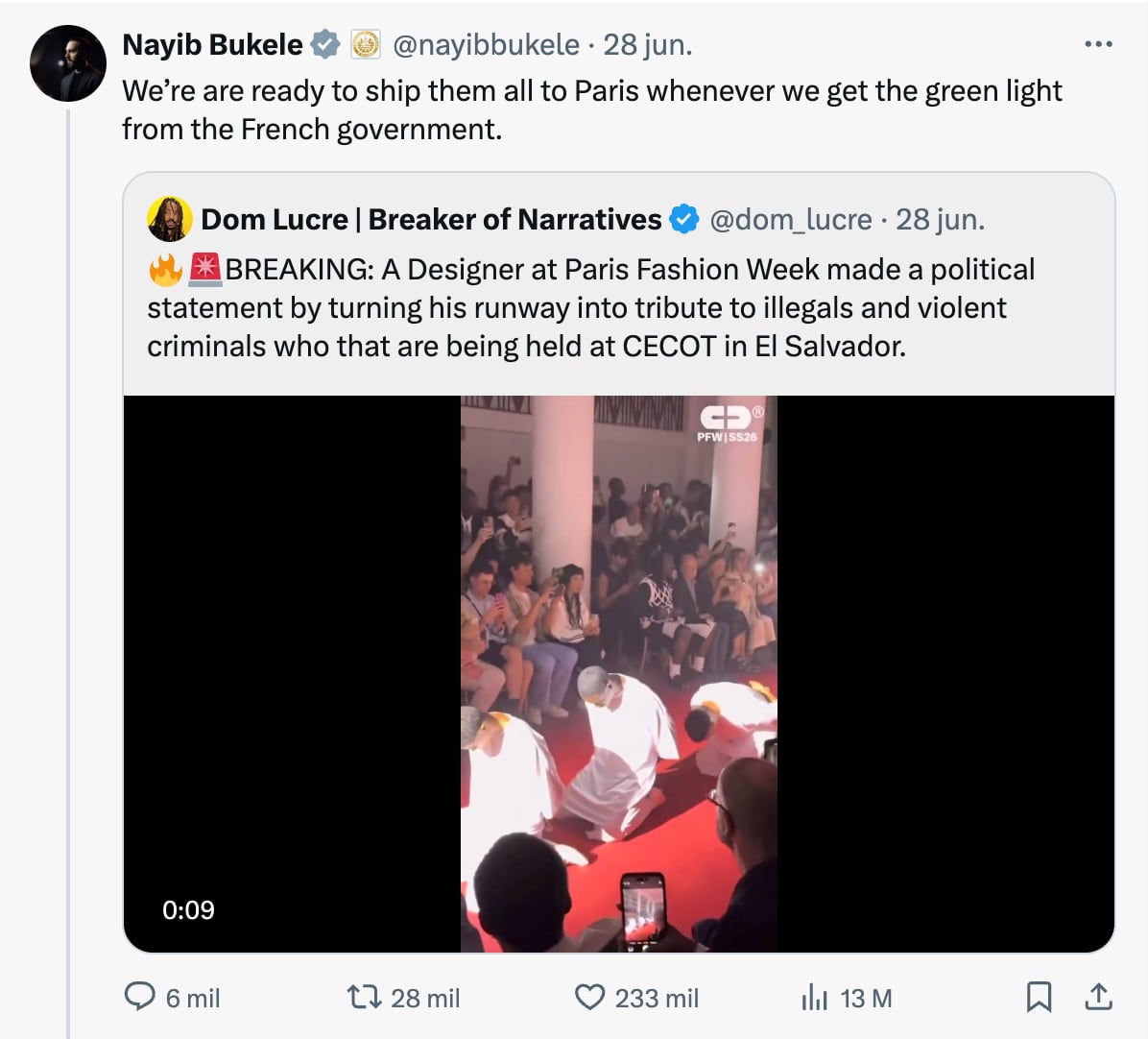 Nayib Bukele enfurece contra desfile de la Semana de la Moda de París 2025