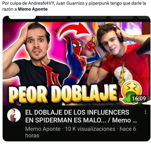 Memes le dan la razón Memo Aponte tras opinar del doblaje en Spider-Man con startalents