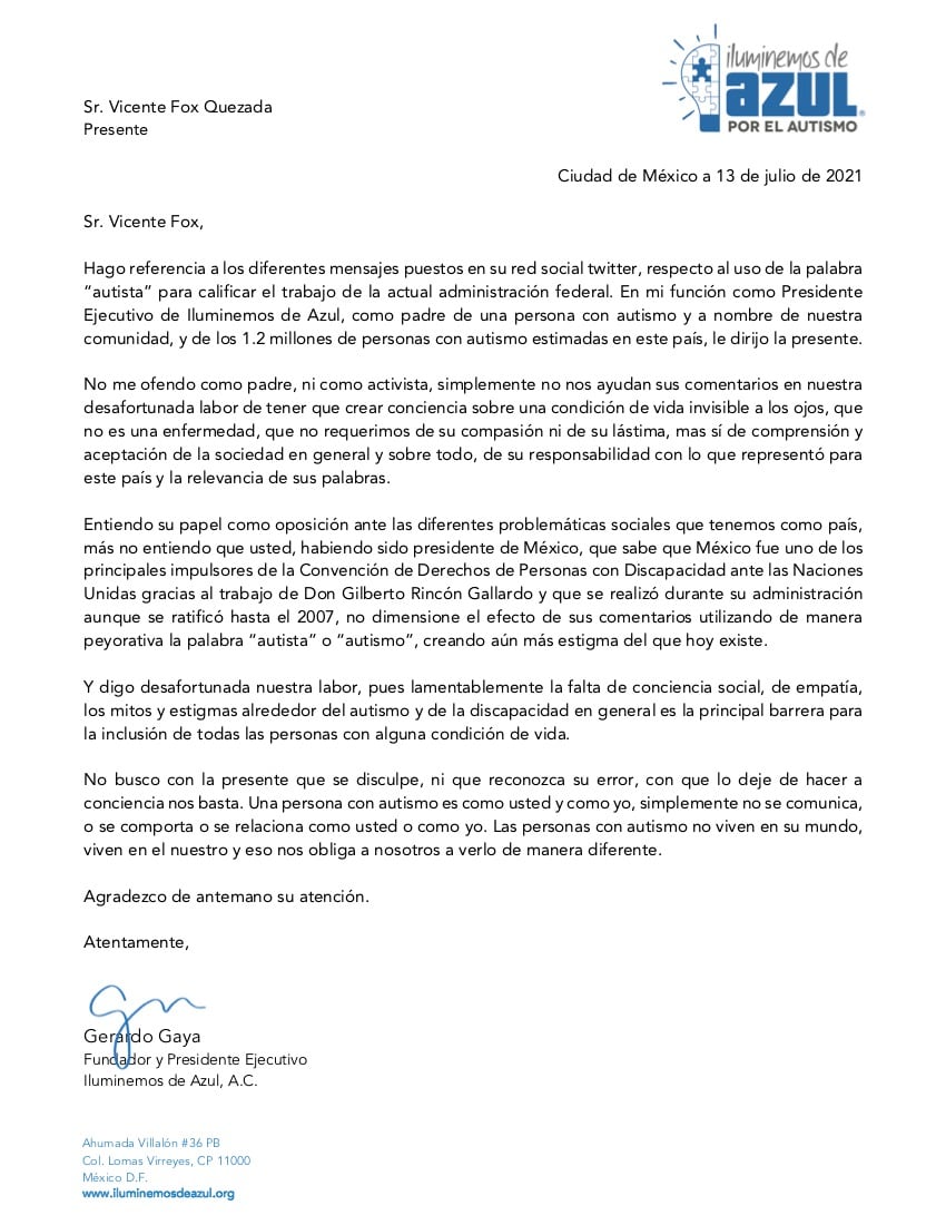 Carta a Vicente Fox de "Iluminemos de azul por el autismo"