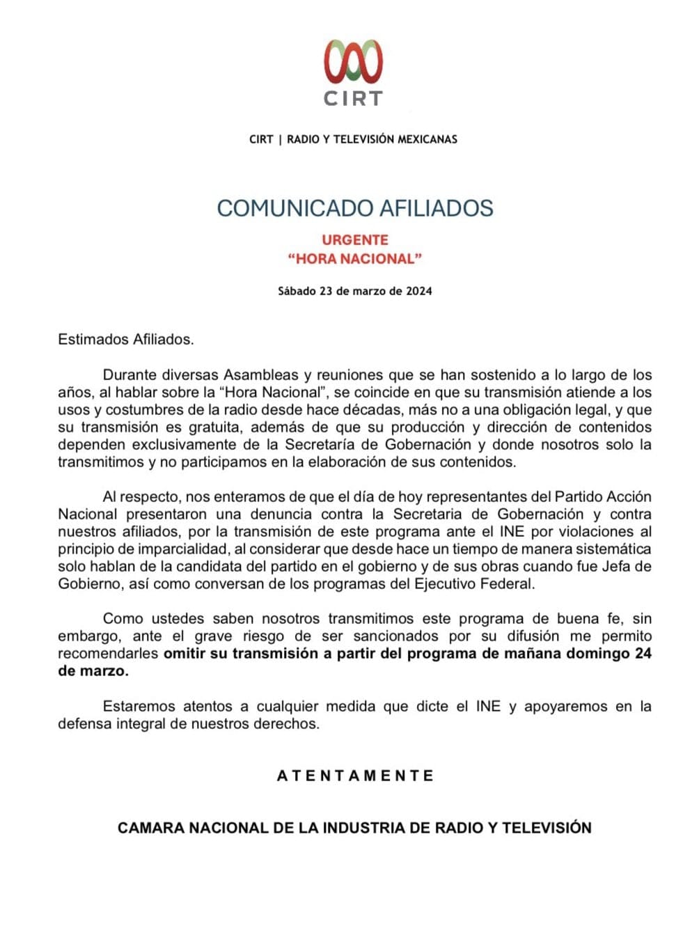 La Hora Nacional no se transmitirá a partir del 24 de marzo
