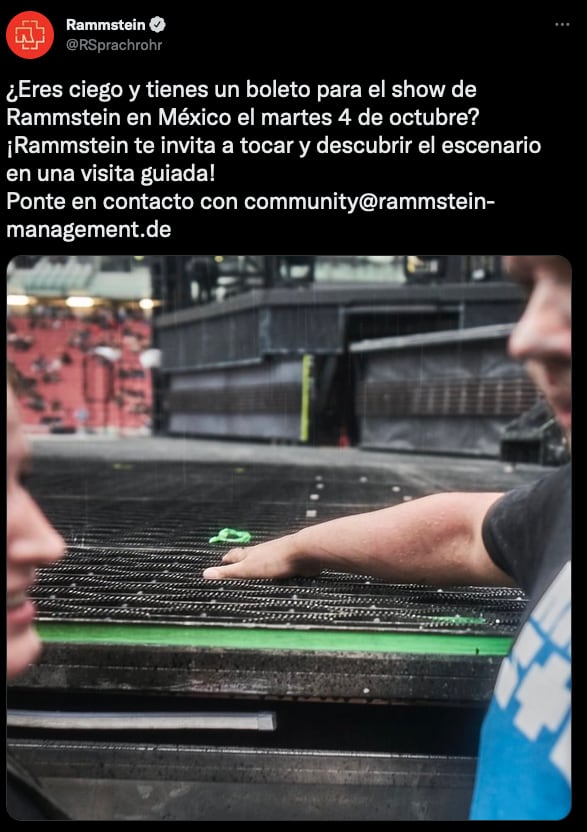Tweet de Rammstein invitando a sus fans ciegos a conocer su escenario.