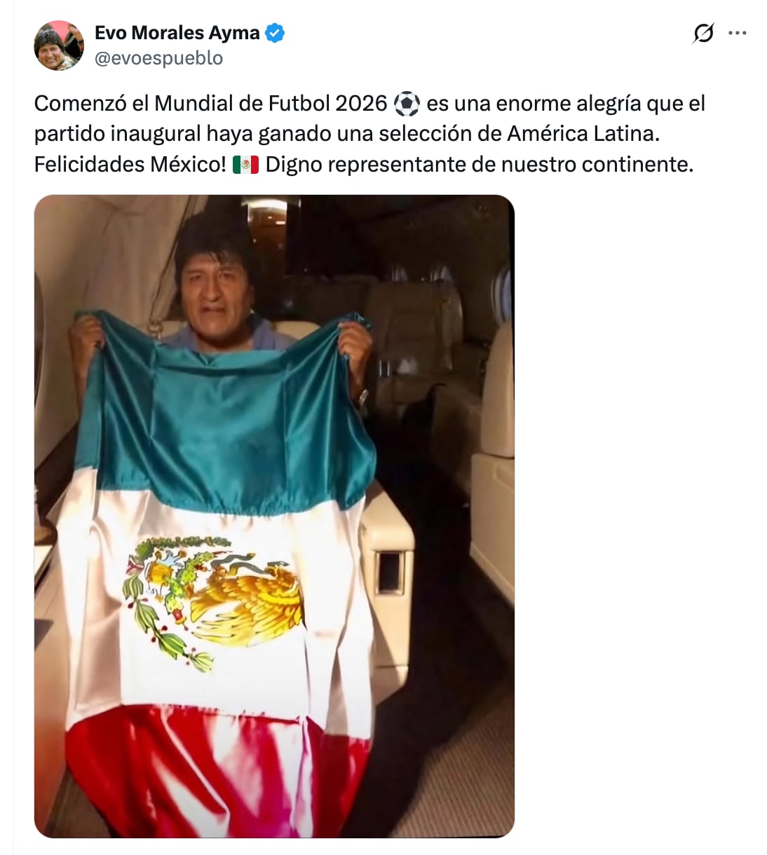Evo Morales felicita a México por el triunfo de la selección en el Mundial 2026