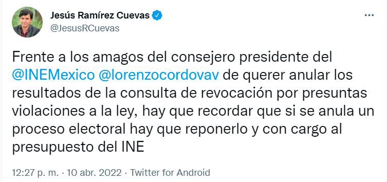 Jesús Ramírez le responde al INE ante una posible anulación de la revocación de mandato/@JesusRCuevas