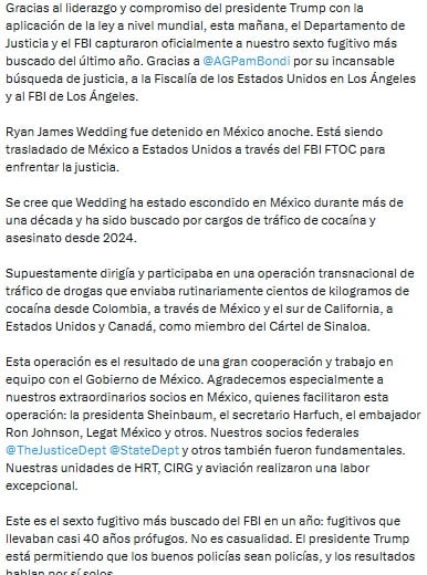 Director del FBI, Kash Patel, habla de la captura de Ryan Wedding.